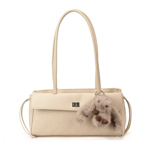 Retro beige quilted shoulder bag with silver rectangle lock and plush bunny charm