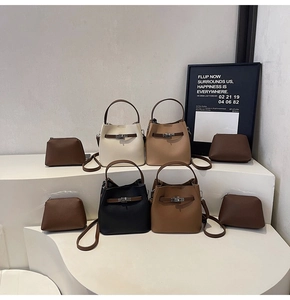 Litchi pattern leather bucket bag set in four colors with iconic metal rotating locks