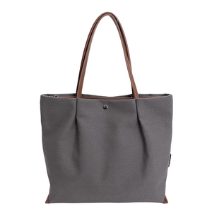 Large dark grey canvas tote bag with brown leather straps and silver buckle for women