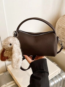 Damen Koreanisch Minimalistisch Boston Tasche PU Leder Litschi Struktur Rund Umhängetasche Mit Hase Anhänger Handtasche Crossbody