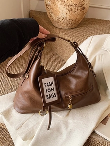 Retro brown leather hobo underarm bag with gold pendant and card holder accessory