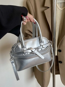 Metallic silver square handbag with knot detail and detachable crossbody strap