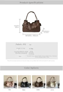 Detailed size chart and four color options for the drawstring PU leather bucket bag