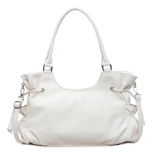 White retro faux leather shoulder bag with side drawstring details and silver hardware