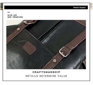 Close-up of black pleated leather backpack with brown trim and metallic rivets