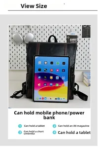 Size comparison of black matte faux leather backpack showing capacity for iPad and A4 books