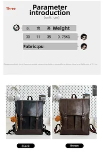 Detailed size specifications for vintage PU leather backpacks with dual buckle design