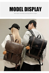 Detailed view of vintage PU leather backpacks in brown and black with bear charms