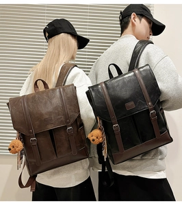 Detail of vintage PU leather backpack with flap closure, metal buckles, and bear charm