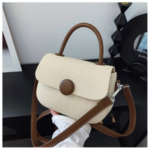 Detail of vintage canvas handbag with brown leather strap and decorative large button