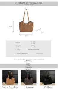 Detailed spec sheet showing suede tote bag dimensions 36x20x12cm in brown, coffee, and black