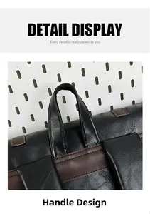 Close-up of the reinforced black PU leather top handle and stitching on a casual backpack
