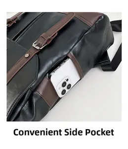 Detail view of the convenient side pocket on a PU leather backpack for a smartphone