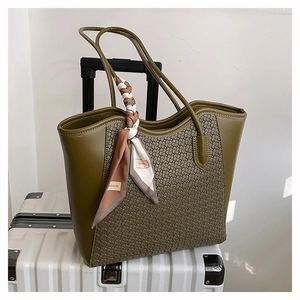 Olive green large capacity tote bag featuring woven texture and silk scarf decoration