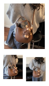 Detail of brown litchi pattern bucket bag with detachable strap and cute bear charm