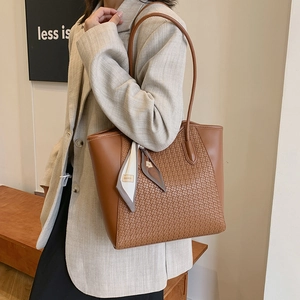 Brown woven tote bag with silk scarf accessory and large capacity for women