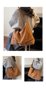 Detailed views of a large brown suede tote bag featuring decorative buckle and side strap