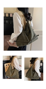 Detail of dark olive green faux suede tote bag featuring decorative straps and metal buckles
