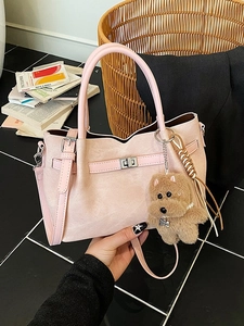 Fashion Women Bucket Tote Bag Versatile PU Leather Handbag Denim Patchwork Shoulder Bag With Plush Dog Pendant Daily Crossbody Bag