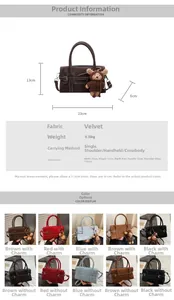 Detailed view of plush velvet mini bag dimensions and multiple color options