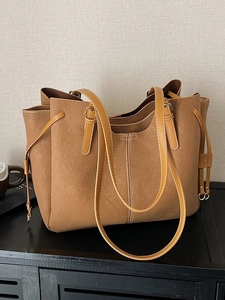 Large camel faux suede tote bag for women, minimalist shoulder bag with dual handles