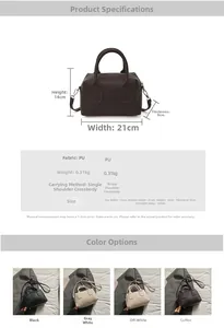 Detailed size chart and specifications for the leather Boston handbag in four colors