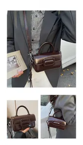 Collage of a dark brown glossy leather crossbody bag shown on models in urban settings
