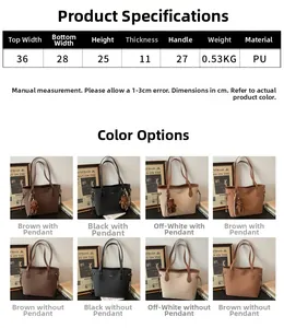 Size chart and color options for large PU leather tote bag with bear charm detail