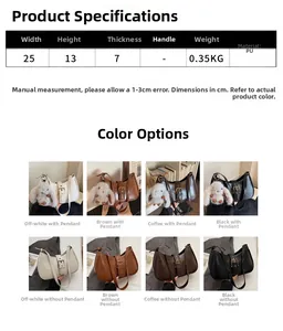 Size chart showing 25x13x7cm PU leather bag dimensions in four classic colors