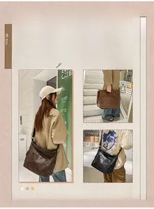 Detail of vintage PU leather tote bags in black and brown with wide shoulder straps