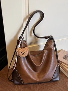 Retro brown large capacity shoulder bag with rivets, scarf and bear charm