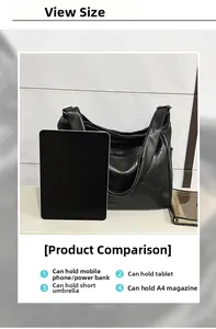 Large black soft leather tote bag shown with tablet to demonstrate high storage capacity