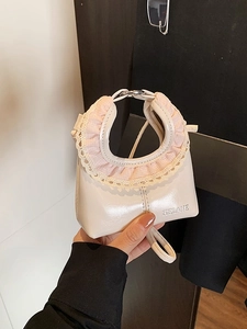 Mini sac à main chic en cuir PU crème avec dentelle à carreaux rose et lanière