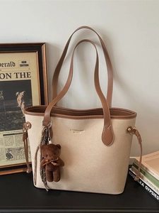 Women Vintage Minimalist PU Leather Tote Bag Large Capacity Shoulder Bag With Plush Bear Pendant For Commuting And Travel