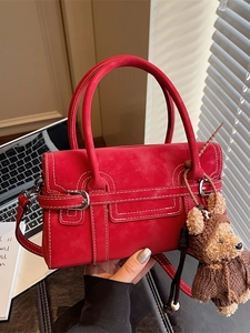 Women Vintage PU Suede Handbag Crossbody Bag With Contrast Stitching Removable Bear Pendant Fashion Commute Satchel Bag