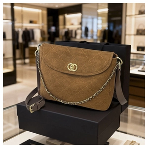 Close-up of brown suede quilted crossbody bag with gold chain strap and interlocking buckle