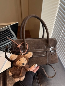 Brown faux suede handbag with contrast stitching, silver buckle and cute bear pendant