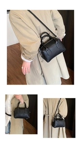 Detailed views of a black pebbled leather satchel with adjustable shoulder strap
