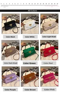 Grid view of crossbody bags in nine colors with heart lock and chain strap details