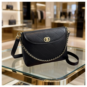 Detail of classic black quilted shoulder bag featuring gold interlocking round buckle closure