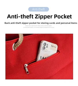 Detail of red canvas tote bag showing a back anti-theft zipper pocket for a smartphone