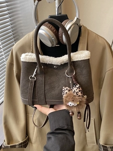 Retro coffee brown suede tote bag with white faux fur trim and cute doll pendant