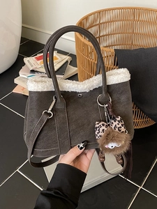 Vintage dark brown frosted handbag with fleece trim and leopard bow plush charm