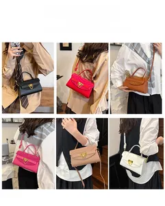 Collage of fashion crossbody bags in six colors with chain decor and multiple carry options