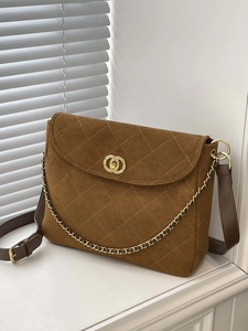 Large Capacity Quilted Crossbody Bag For Women Retro PU Leather Messenger Bag With Golden Chain And Double Ring Lock Fashion
