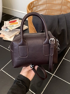 Vintage dark brown pebble leather Boston bowling bag with silver hardware and top handles