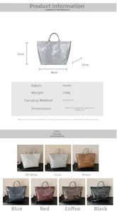 Detailed spec sheet showing a large glossy tote bag in seven colors with size dimensions
