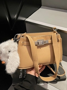 Vintage Kelly Style Crossbody Bag For Women Luxury Lychee Texture PU Leather Shoulder Bag With Plush Rabbit Pendant