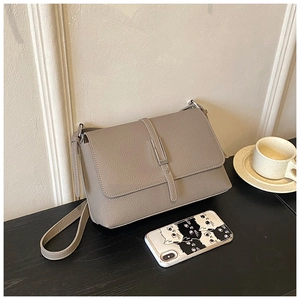Detail of grey lychee leather crossbody bag with elegant silver metallic buckle closure