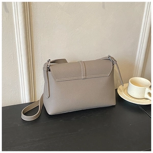 Macro detail of taupe lychee leather texture and silver hardware on a crossbody bag